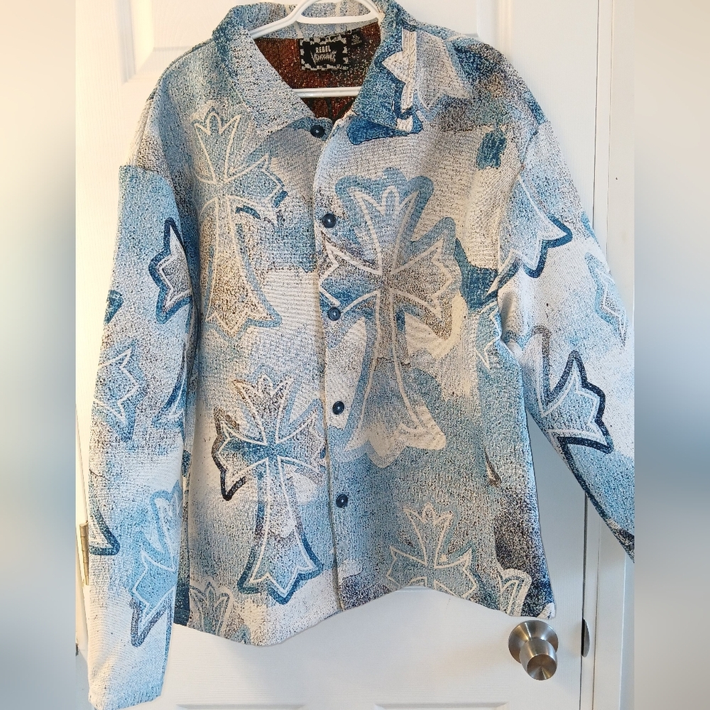Rebel Vengeance NWT XL Blue Tapestry Cross Pattern Jacket Bold Vintage Inspo